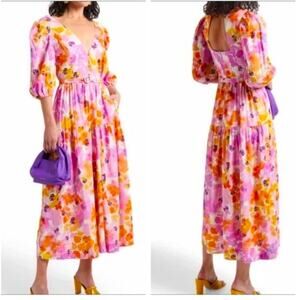 NWT Nicholas the label Celie Linen Maxi Dress size 10 Basset Floral Puff Sleeve